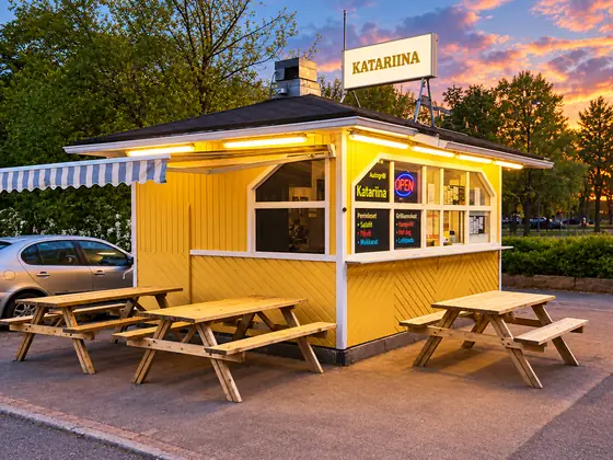 Vanha keltainen grillikioski ja piknikpöydät iltavalossa
